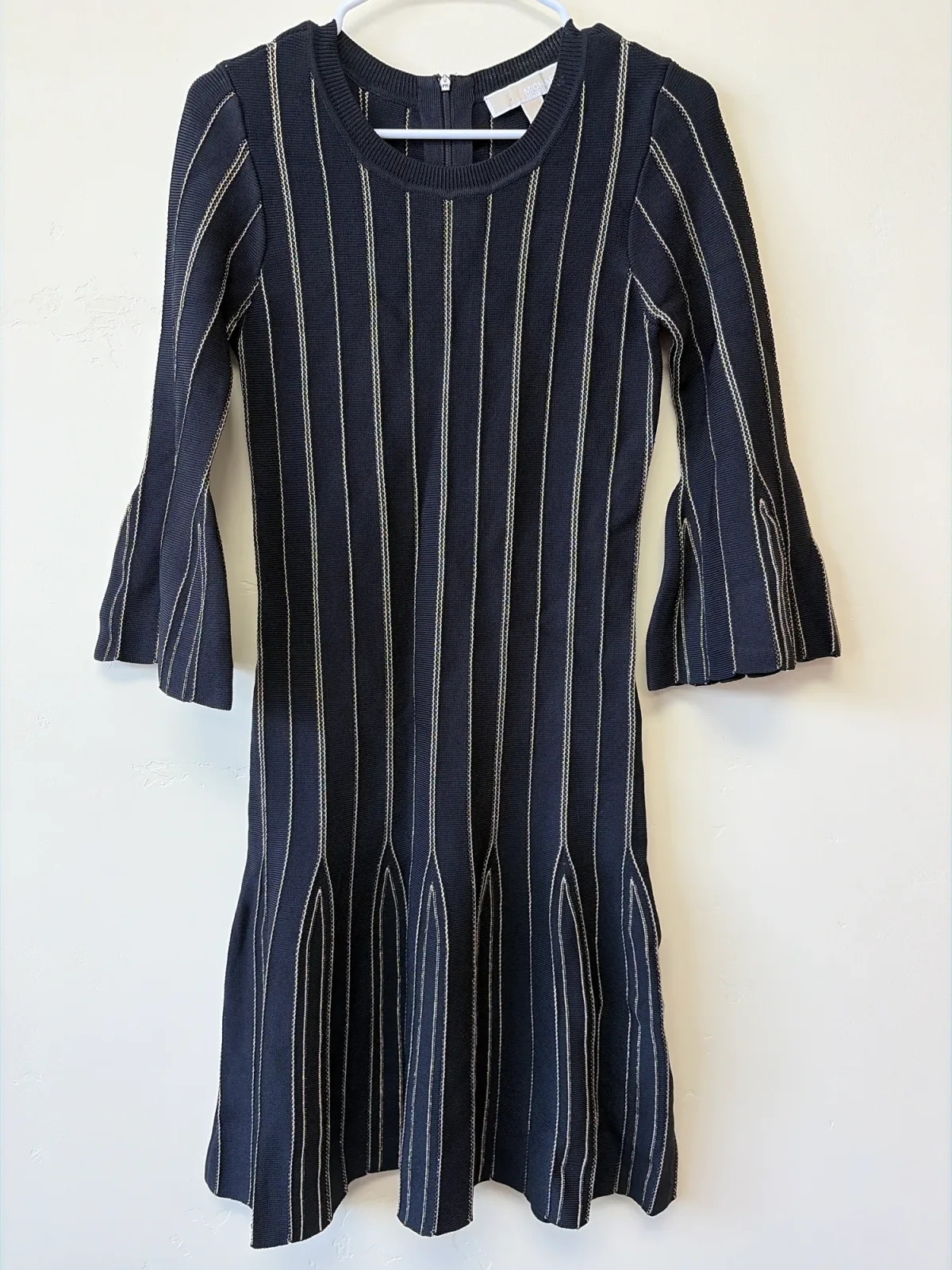 MICHAEL Michael Kors Black Gold Metallic Stripe Bell Sleeve Knit Flare Dress S photo 2