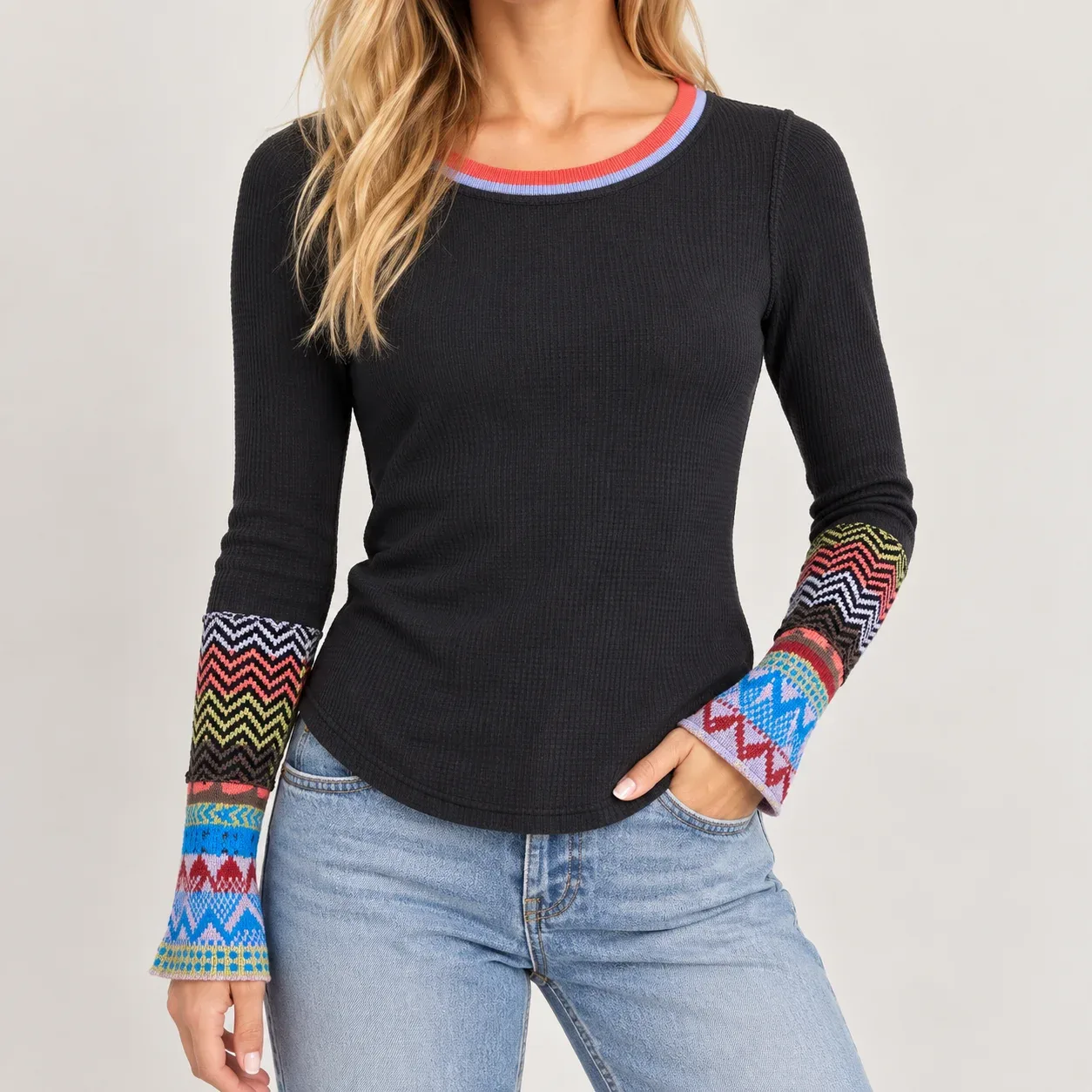 Free People We The Free "On My Way" Thermal Top, Charcoal Black, Size XS