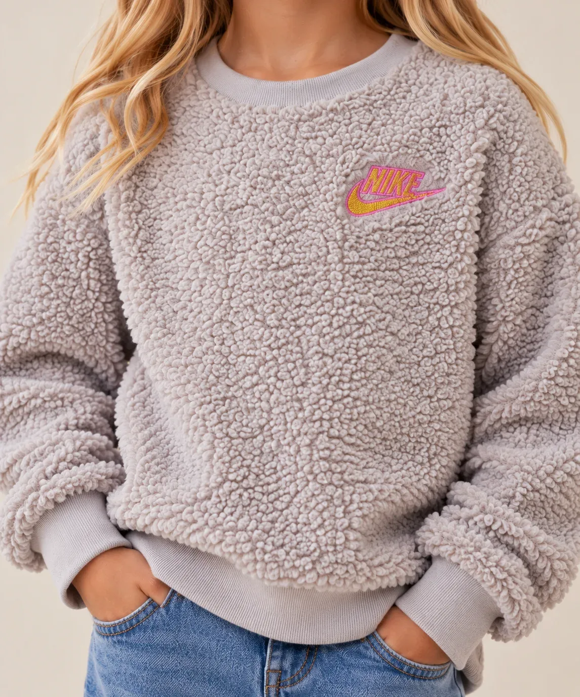 Nike Girls’ Plush Sherpa Fleece Teddy Crewneck Sweatshirt - Off-White Oatmeal, Size 6X