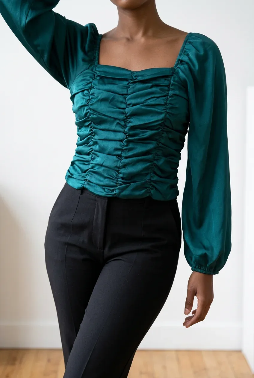 Böhme Square-Neck Ruched Satin Long-Sleeve Blouse - Size Small