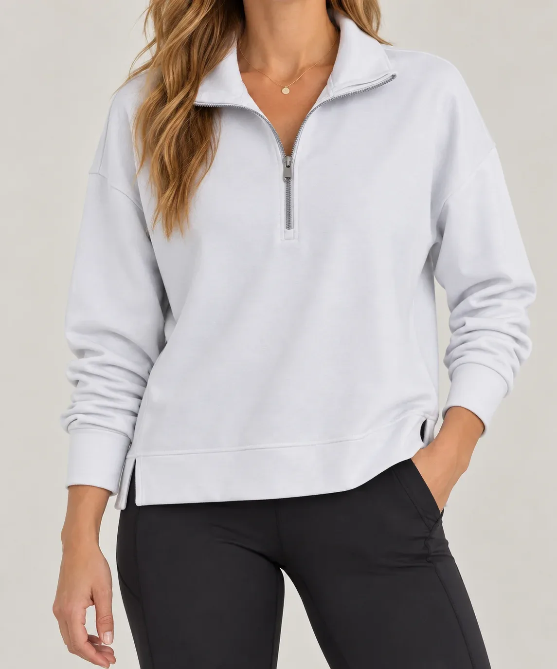 Athleta Women's Seasoft 1/4 Zip Crop Long Sleeve Sweatshirt Off-White Size M
