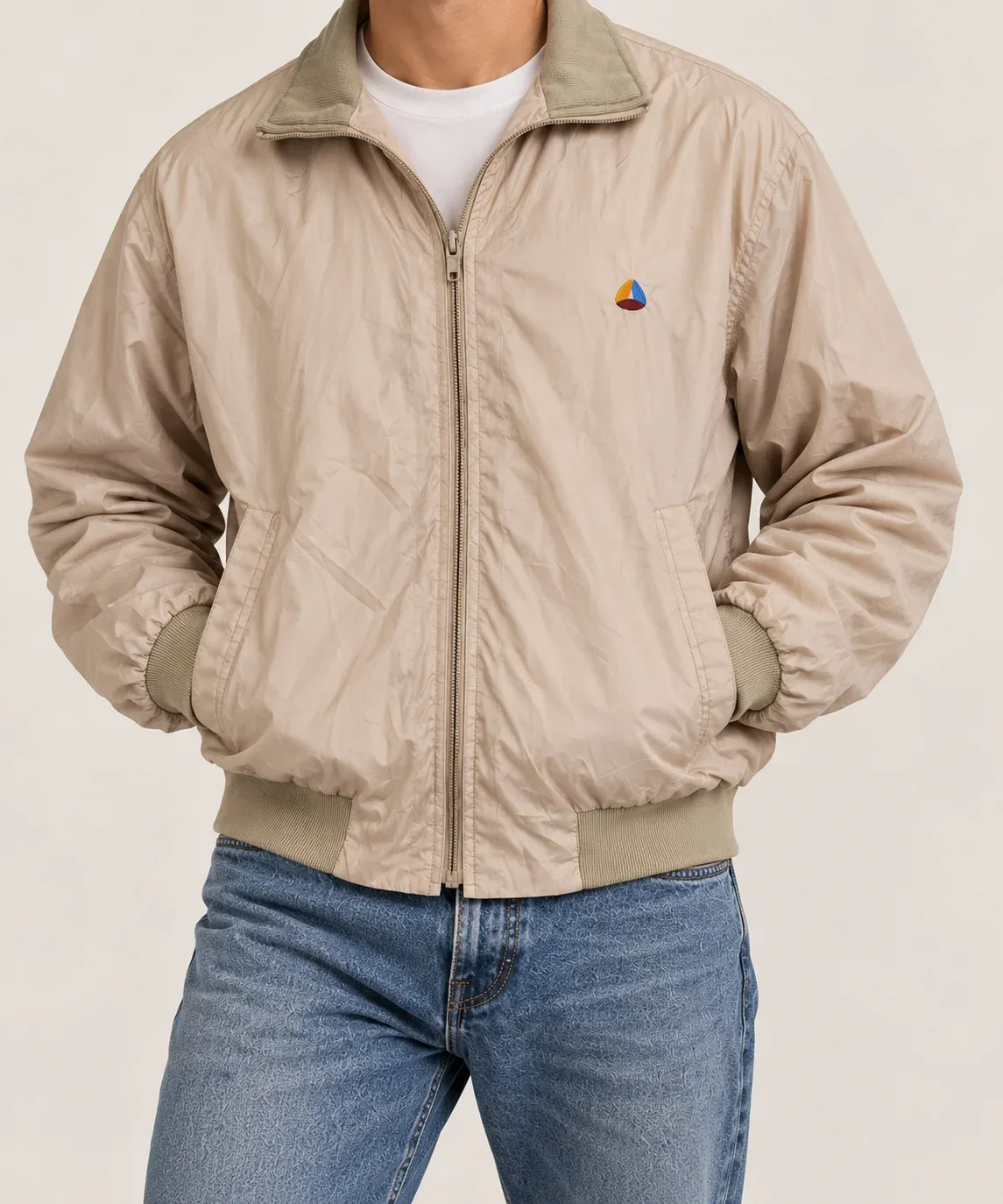 Vintage 80s 90s Izod Men's Size L Beige Tan Full Zip Harrington Windbreaker Jacket