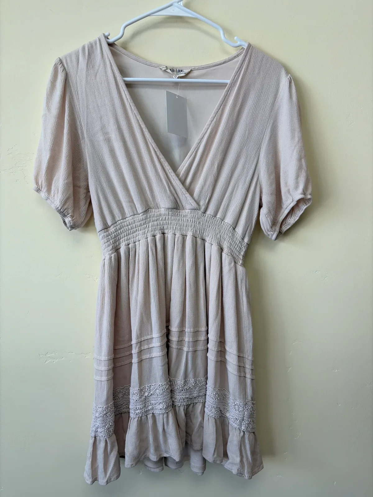 Peach Love Women’s Blush Pink Lace Trim Midi Dress Size Large photo 4