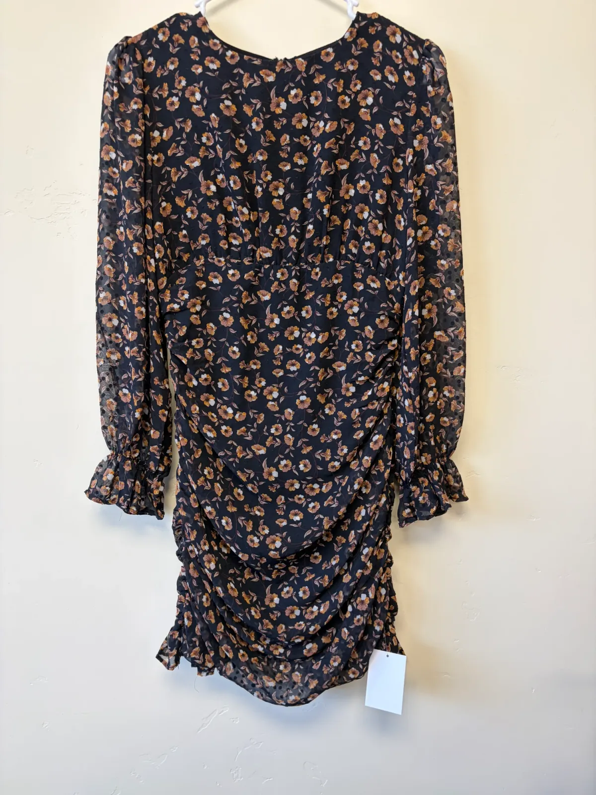 Storia Women's Chiffon Ruched Mini Dress Black Orange Floral Print Size S photo 2