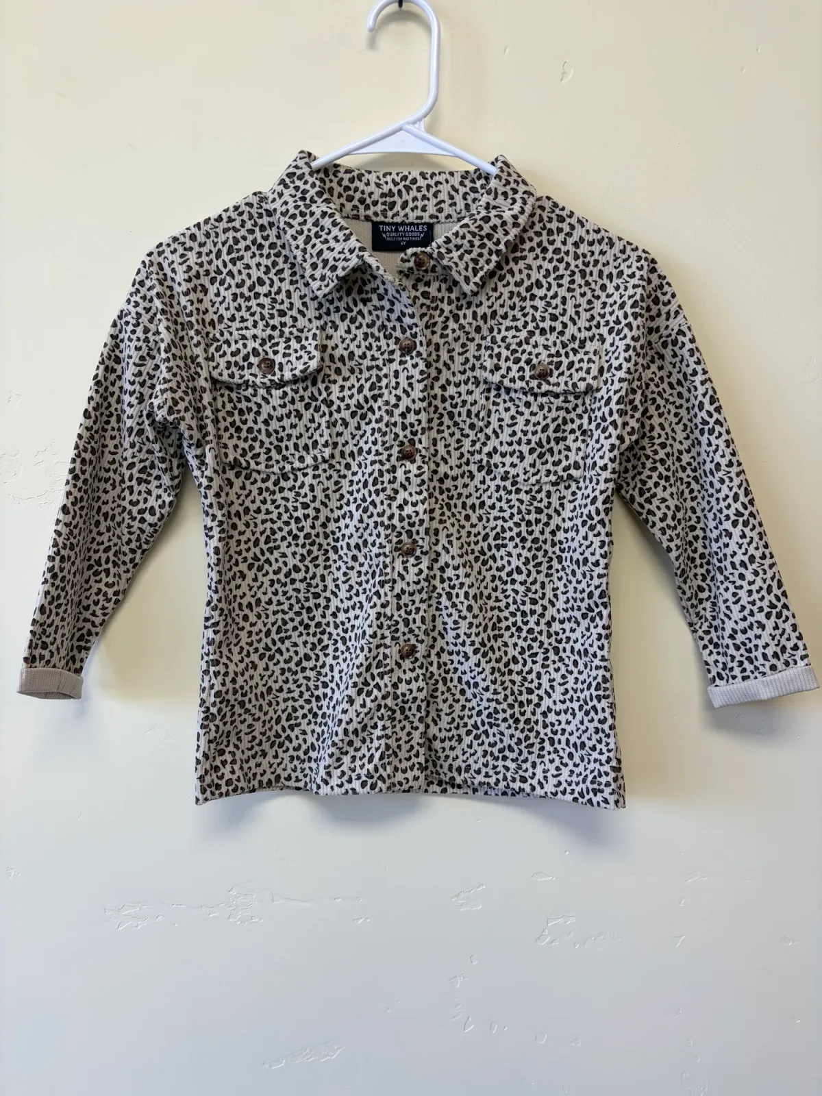 Tiny Whales Kids NWT Wild One Leopard Corduroy Button-Down Shacket - Cream/Brown, Size 6Y photo 2