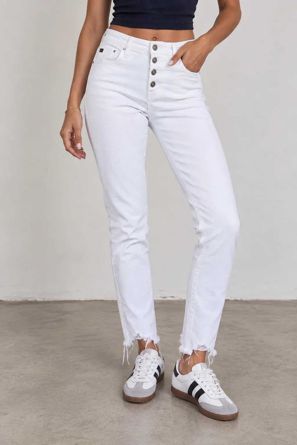 KanCan Women's High Rise Exposed Button Fly Skinny Jeans White Raw Hem Size 24