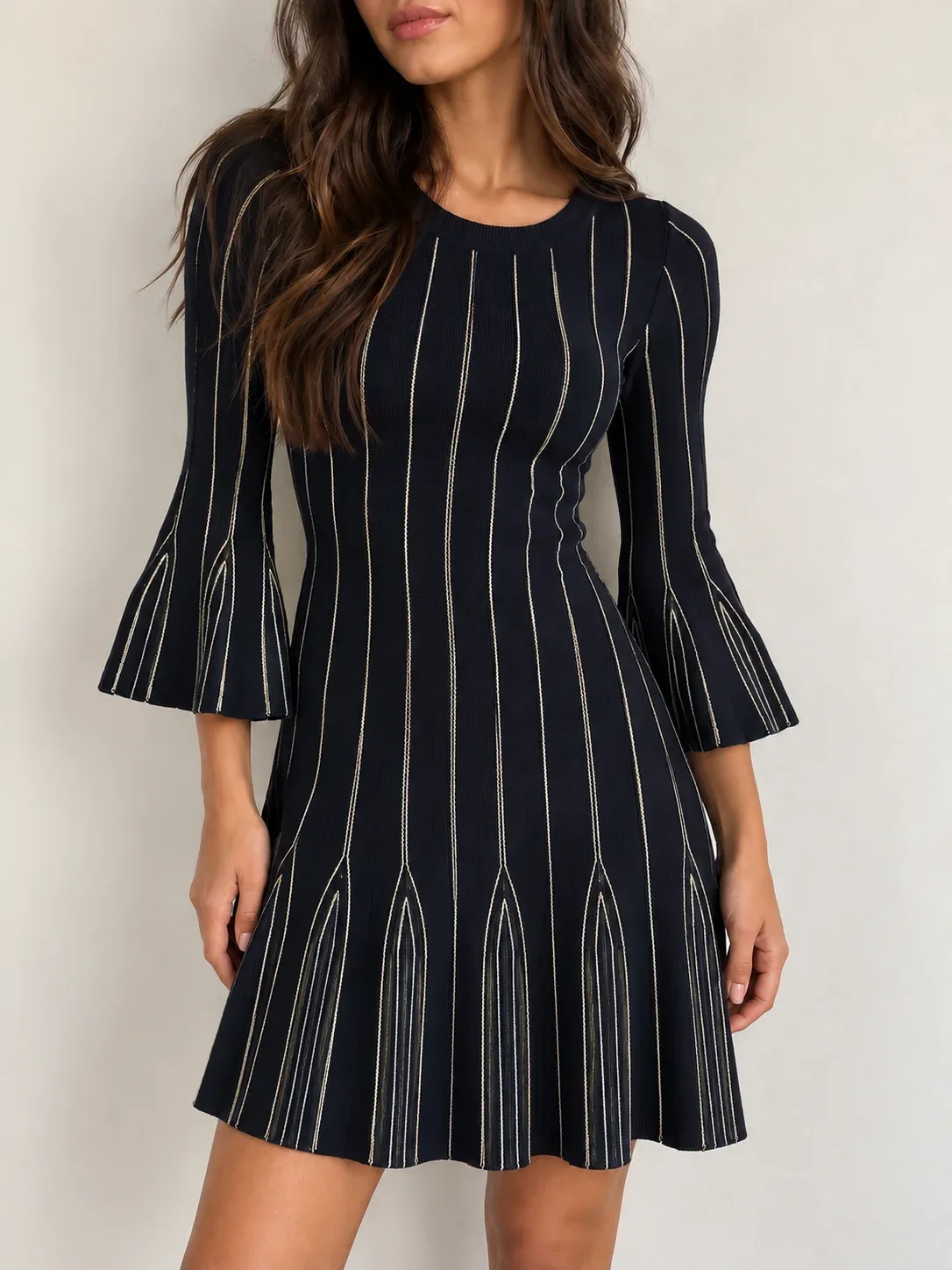 MICHAEL Michael Kors Black Gold Metallic Stripe Bell Sleeve Knit Flare Dress S