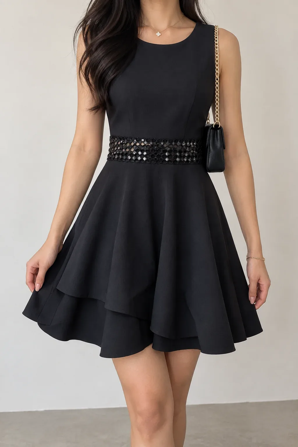 B. Darlin Black Beaded Rhinestone Waist Tiered Fit & Flare Cocktail Dress Size 7/8