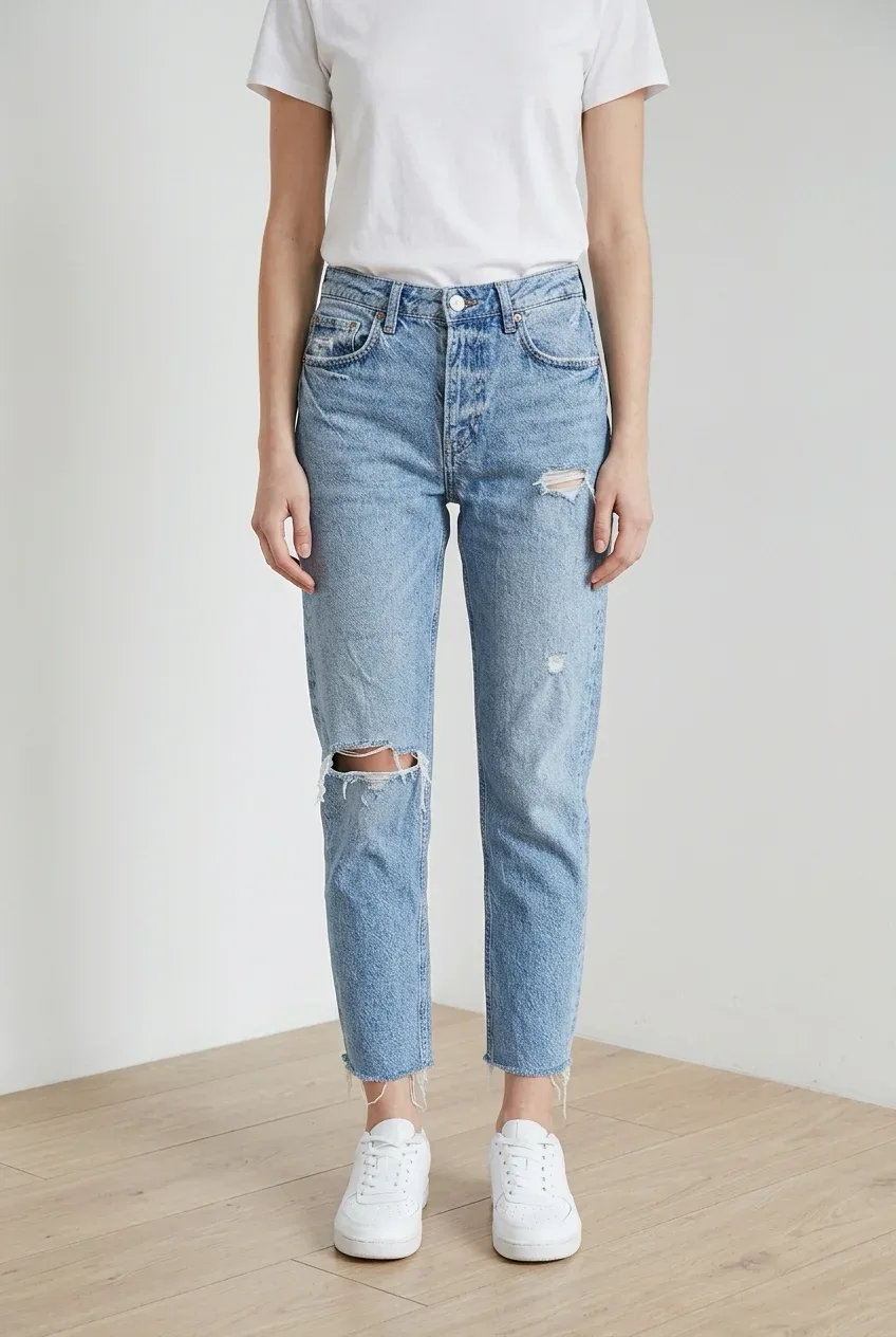 Zara Women's Light Wash Distressed High-Rise Straight Leg Jeans