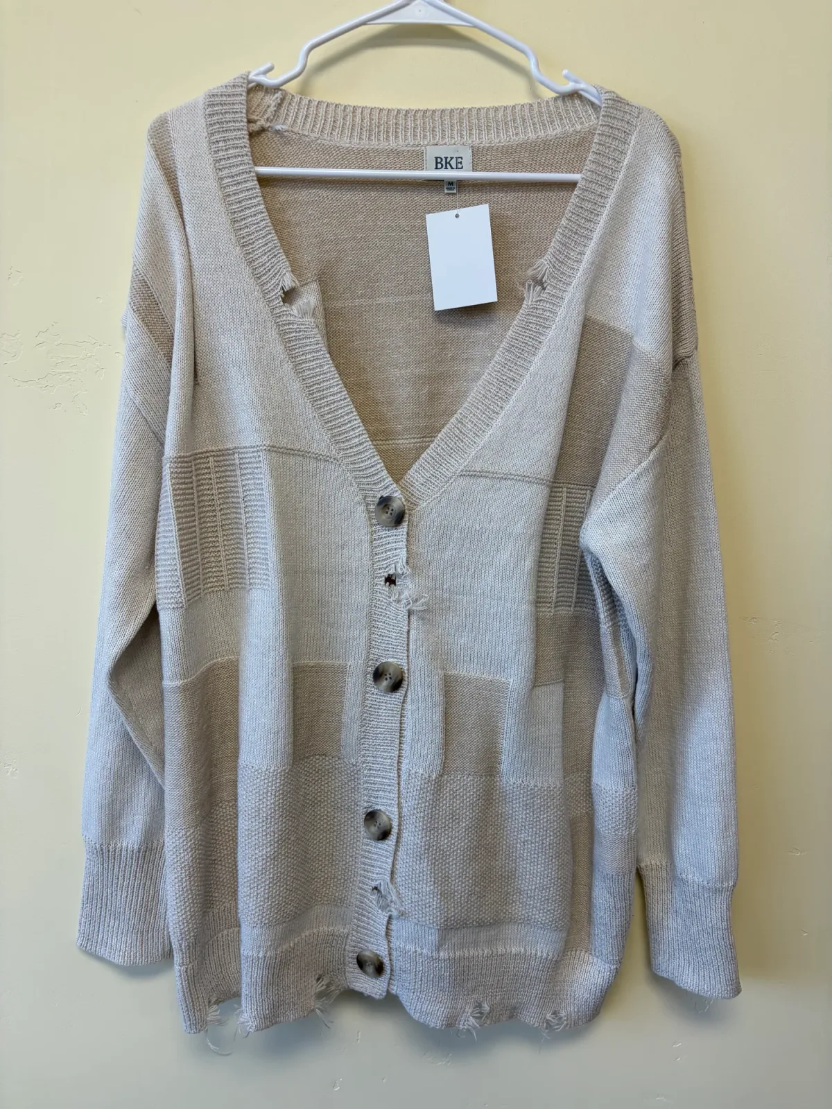 BKE Distressed Patchwork Mixed Knit Button Front Cardigan Sweater Neutral Colorblock - Women's Size M photo 2