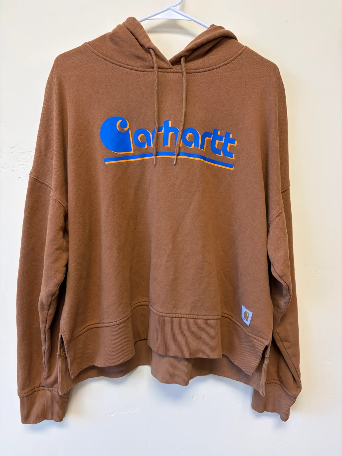 Carhartt Women's TENCEL Fiber Series Loose Fit Graphic Hoodie Brown Blue Retro Logo - Size L 12-14 photo 2