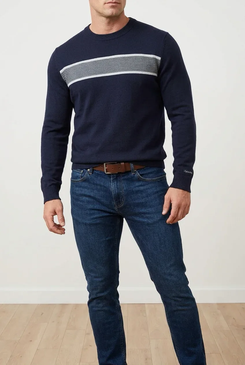 Calvin Klein Men's Navy Blue European Yarn Crewneck Sweater Grey White Stripe XXL