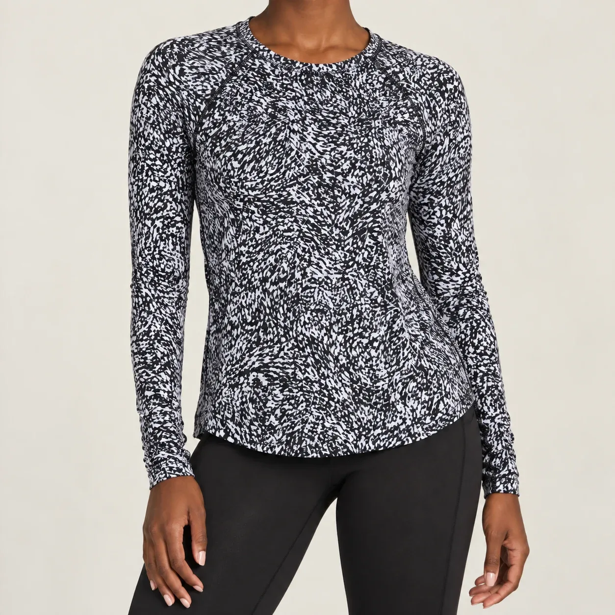 Athleta Ultimate Train Athletic Top M Black White Abstract Splatter LS