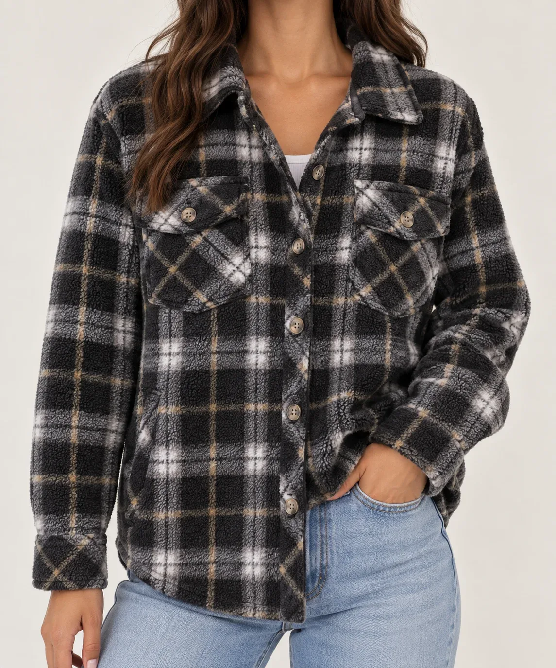 Thread & Supply Women's Fleece Plaid Button Front Shacket Jacket Black Gray Size XS