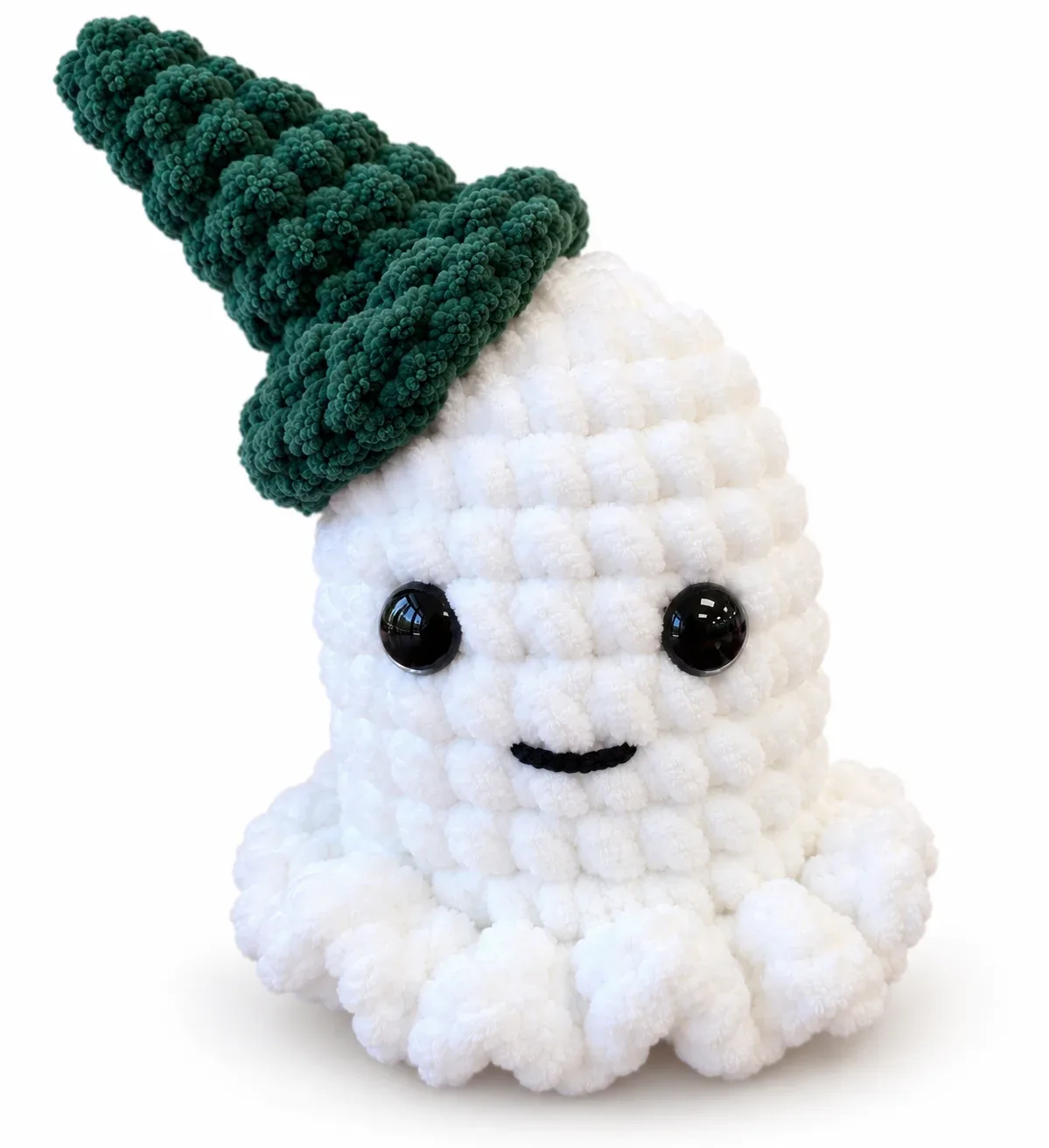 Handmade Crochet Ghost with Forest Green Witch Hat – Halloween Plush