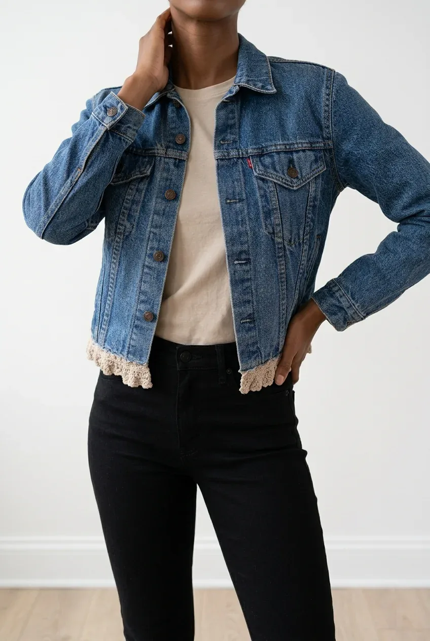 Vintage Levi's 70706 Cropped Lace-Trim Denim Trucker Jacket - Size 12 (Fits like S/M)