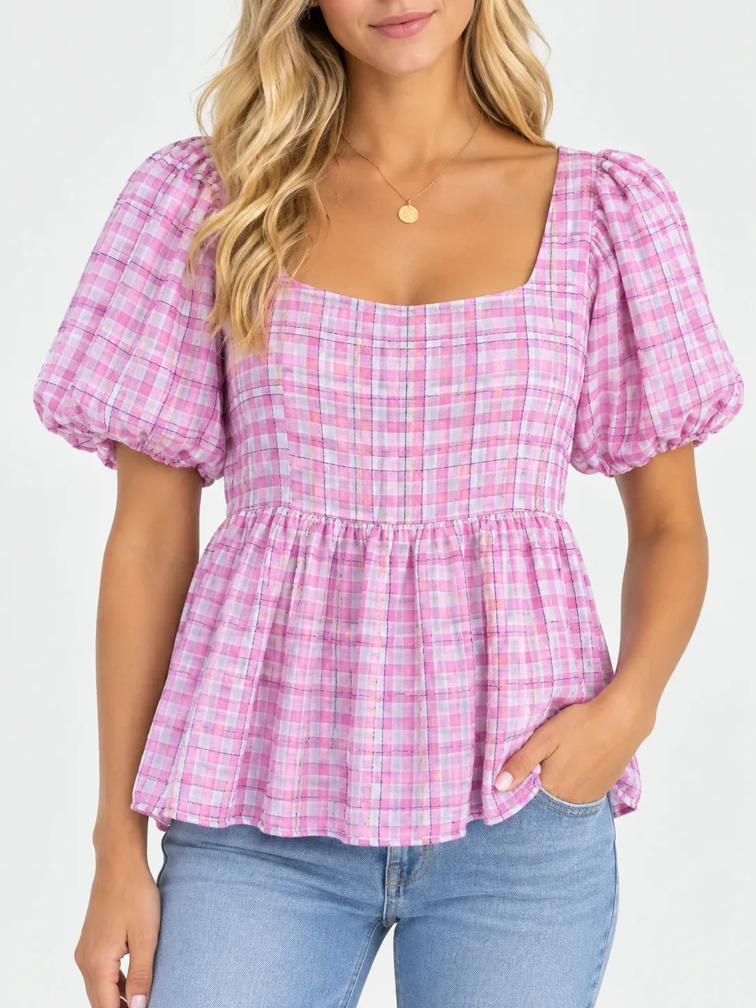 Blu Pepper Women's Gingham Puff Sleeve Square Neck Babydoll Peplum Top Pink NWT Size M