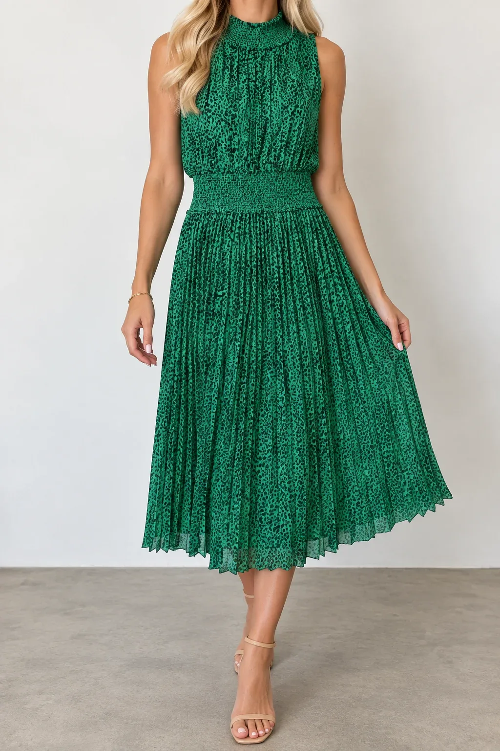 Nanette Lepore NWT Shamrock Green Black Leopard Print Accordion Pleated Midi Dress Size 8