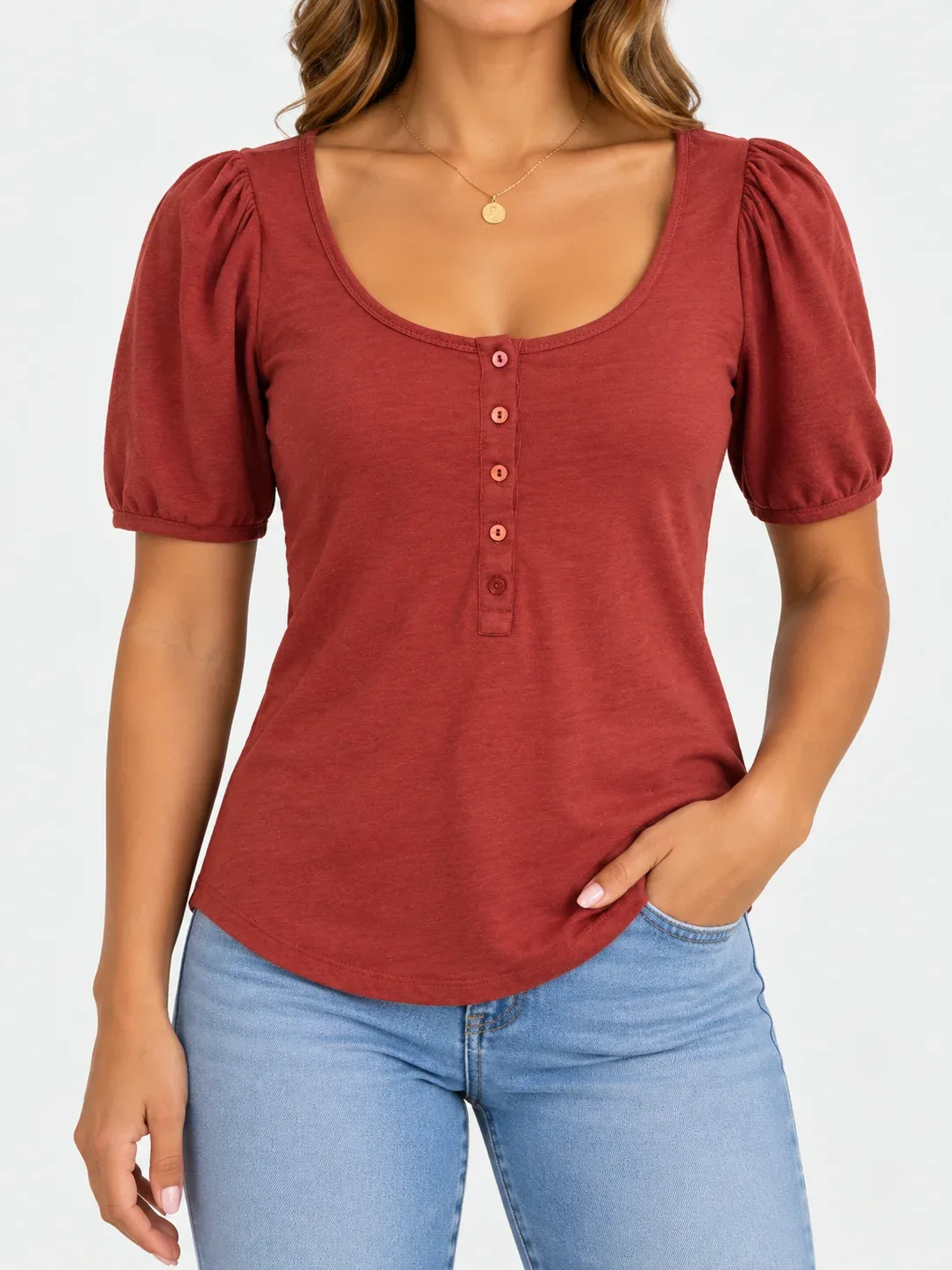 By Anthropologie Women's Puff Sleeve Henley Top Terracotta Rust Orange Size S