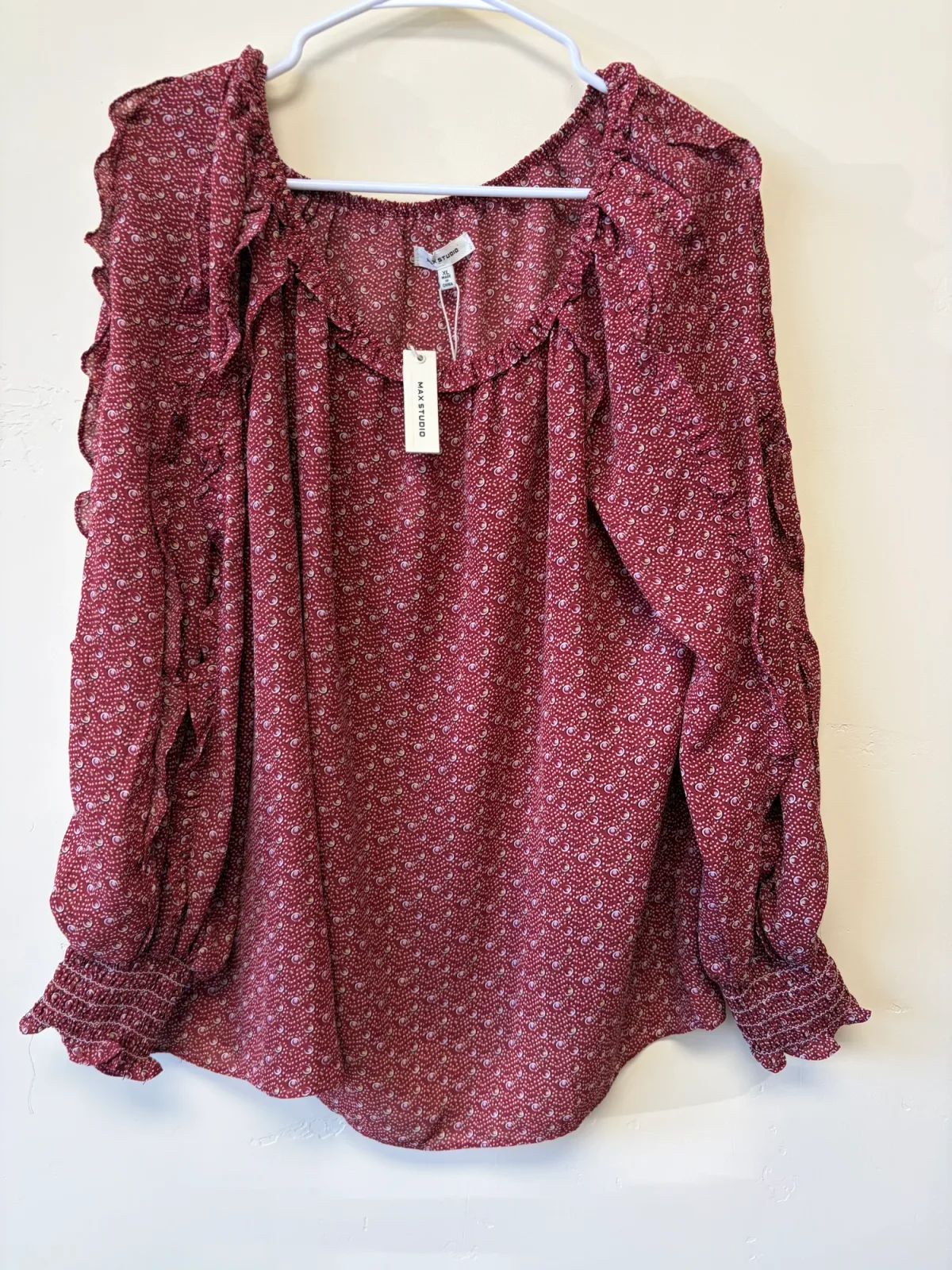 Max Studio Women's Ruffle Accent Long Sleeve Blouse Brick Red Geometric Print NWT Size XL photo 2