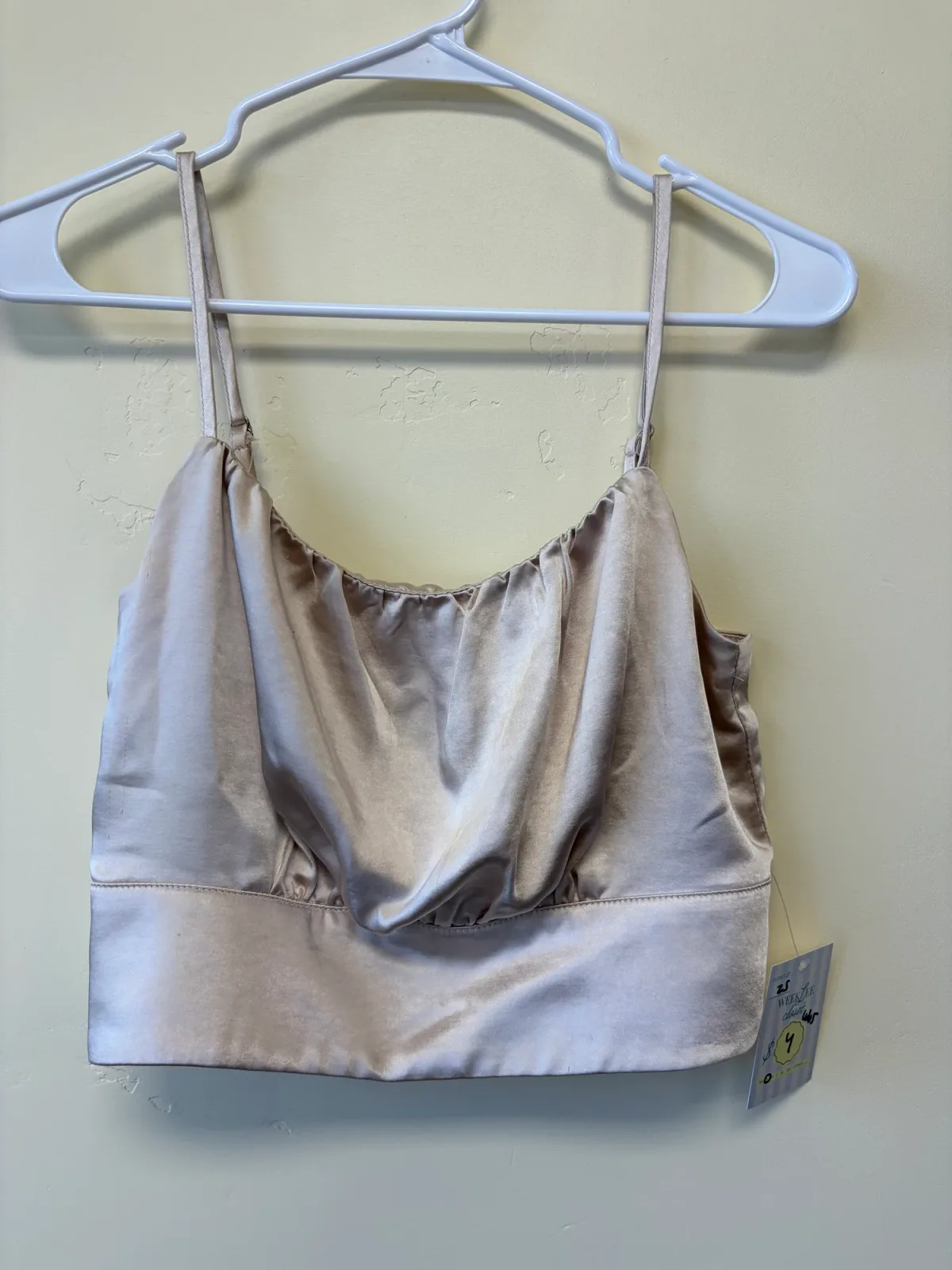Lulus Women's Satin Ruched Crop Top Champagne Beige Cami Strap Size S photo 2
