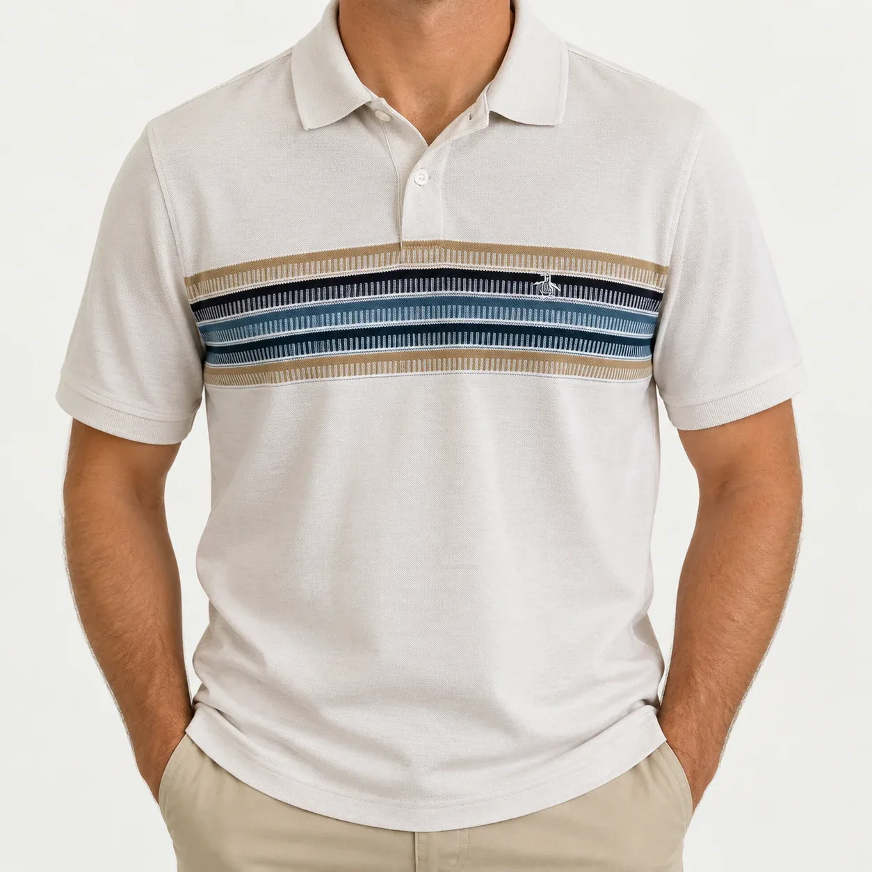 Original Penguin Men's Engineered Chest Stripe Pique Polo Shirt Cream Beige Size M
