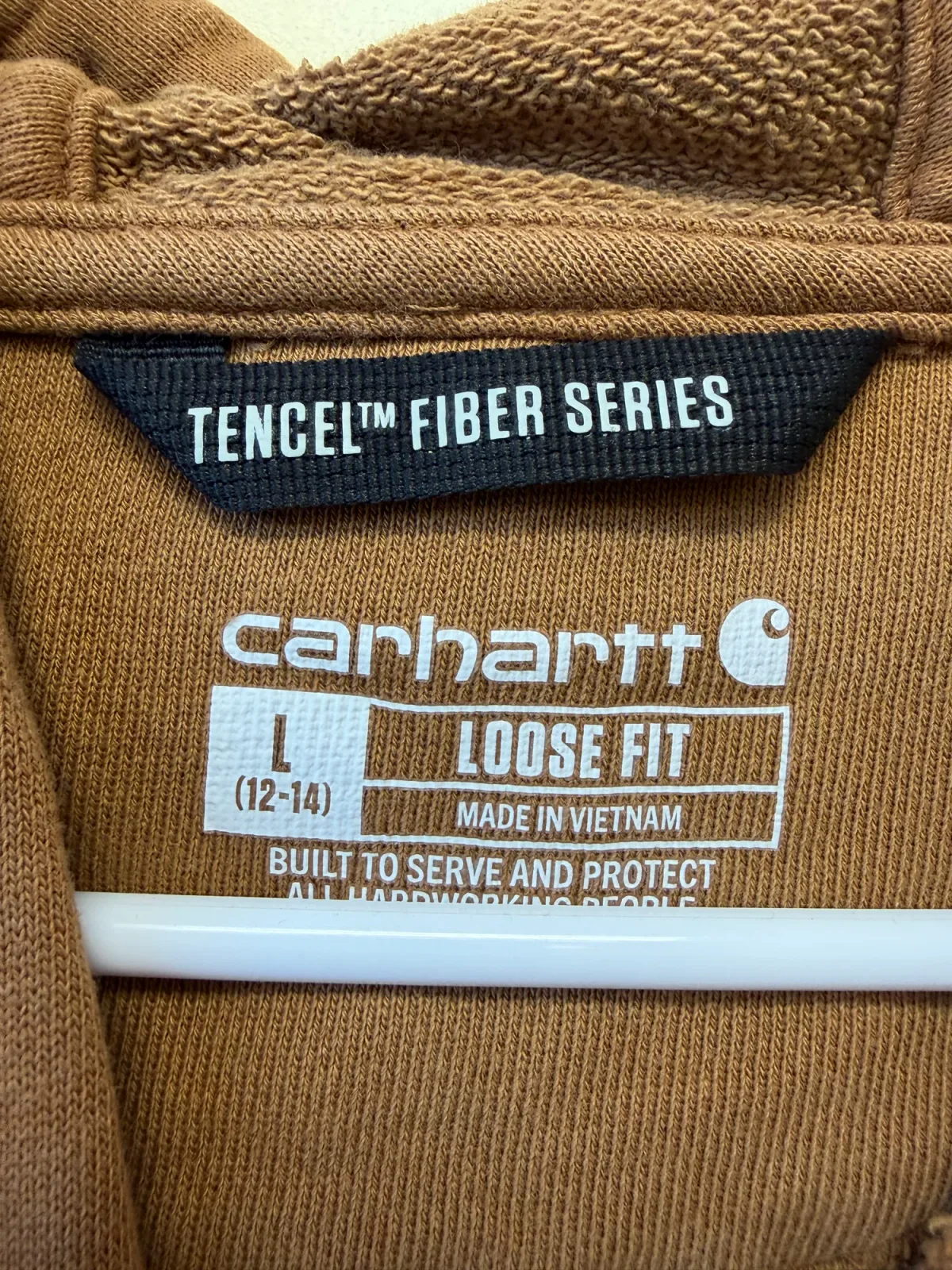 Carhartt Women's TENCEL Fiber Series Loose Fit Graphic Hoodie Brown Blue Retro Logo - Size L 12-14 photo 4