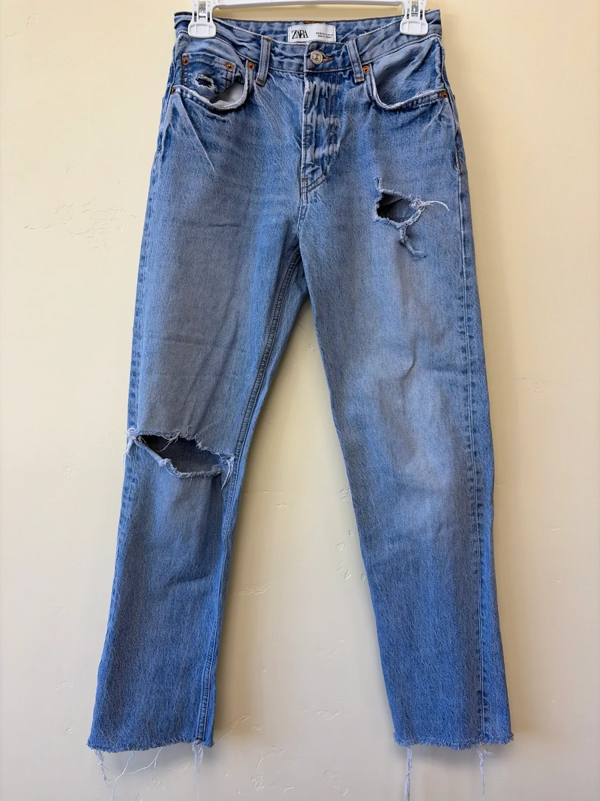 Zara Women's Light Wash Distressed High-Rise Straight Leg Jeans photo 2