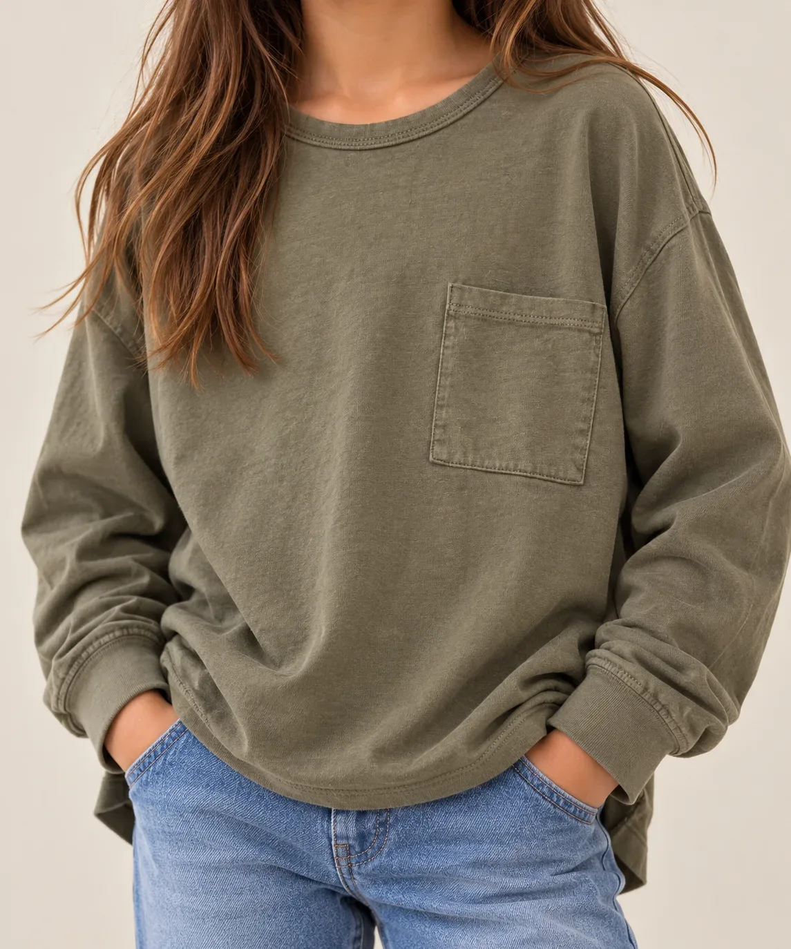 Kids Unisex Loose Fit Long Sleeve Pocket T-Shirt - Mineral Washed Olive Green, Size 8 (128 cm)