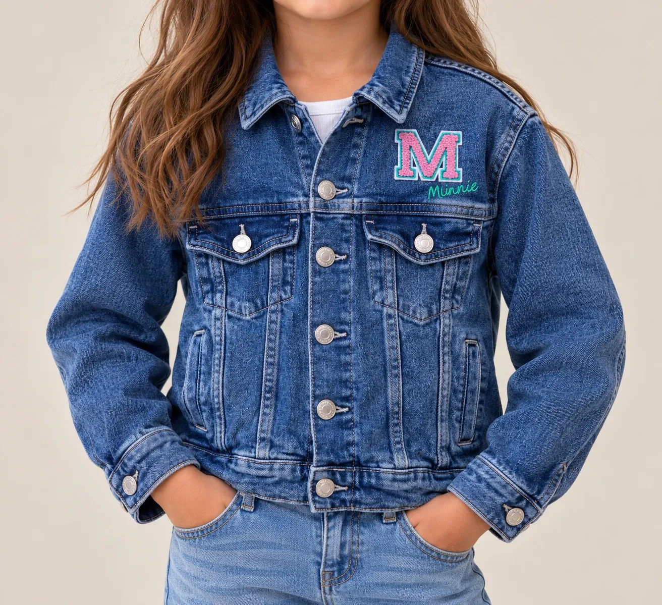 H&M x Disney Girls’ Minnie Mouse Embroidered Denim Trucker Jacket - Mid Wash, Size 6X (122 cm)