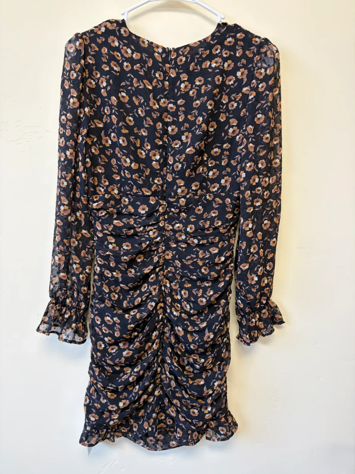 Storia Women's Chiffon Ruched Mini Dress Black Orange Floral Print Size S photo 3