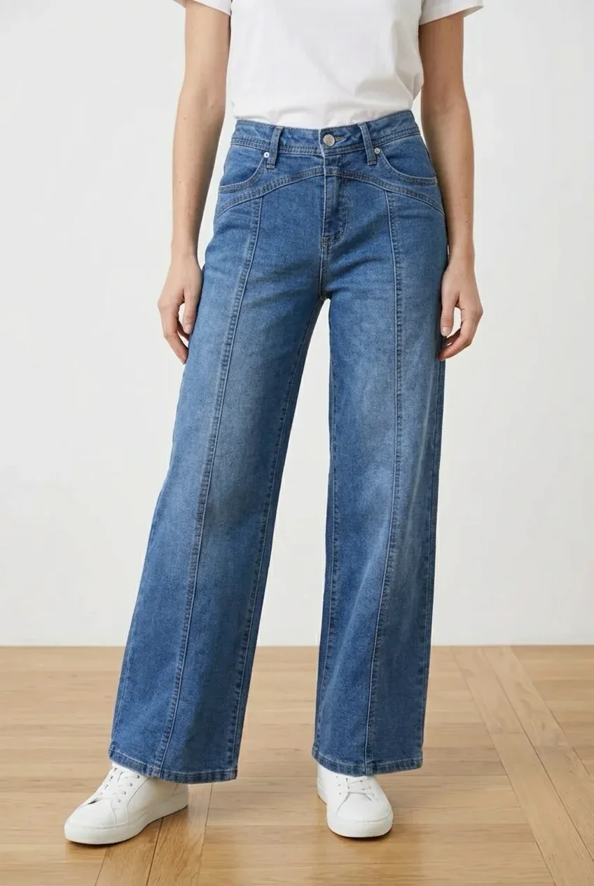 Blue Spice Wide Leg Jeans Medium Wash Front Seam Detail Denim