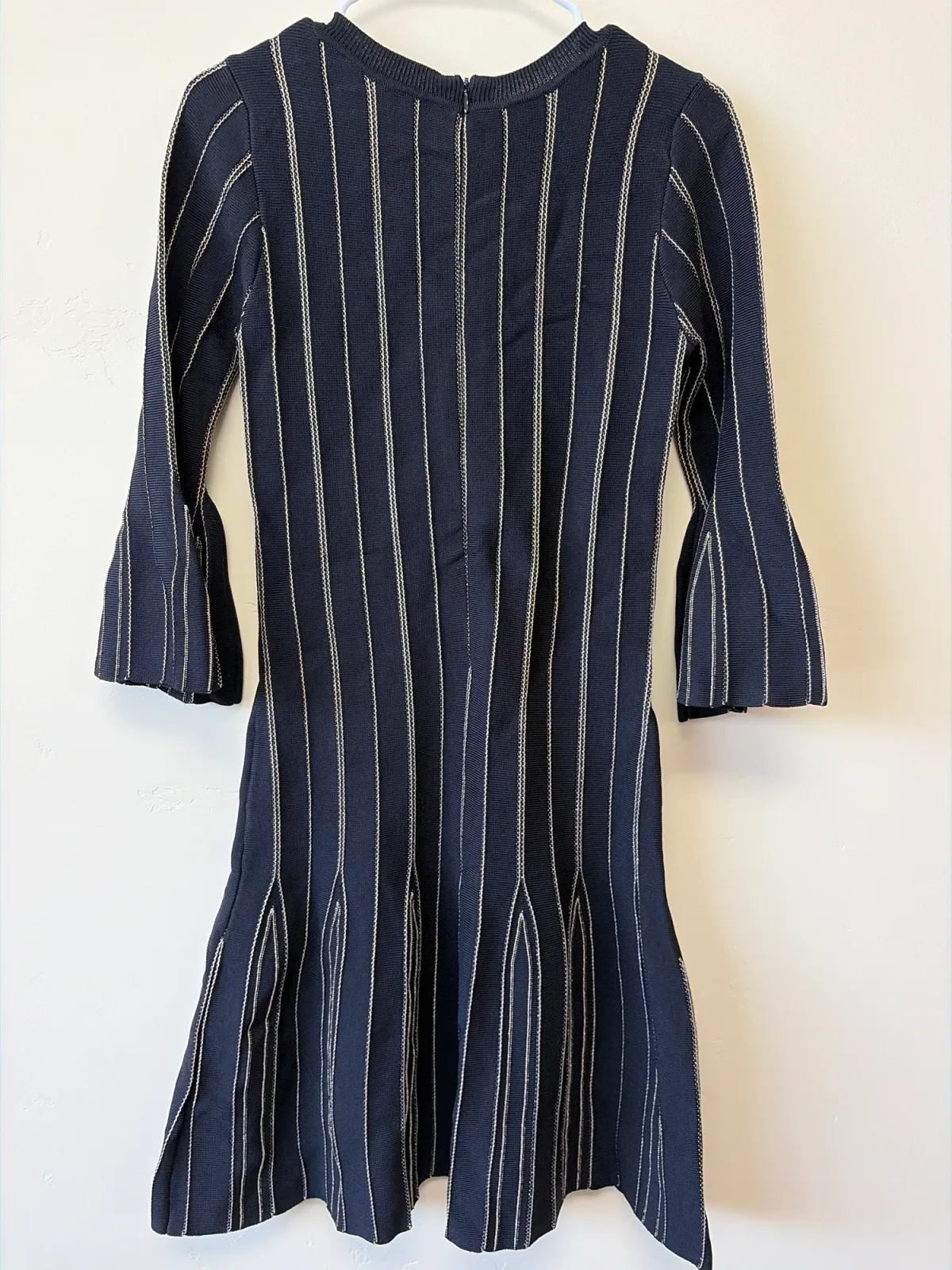 MICHAEL Michael Kors Black Gold Metallic Stripe Bell Sleeve Knit Flare Dress S photo 3
