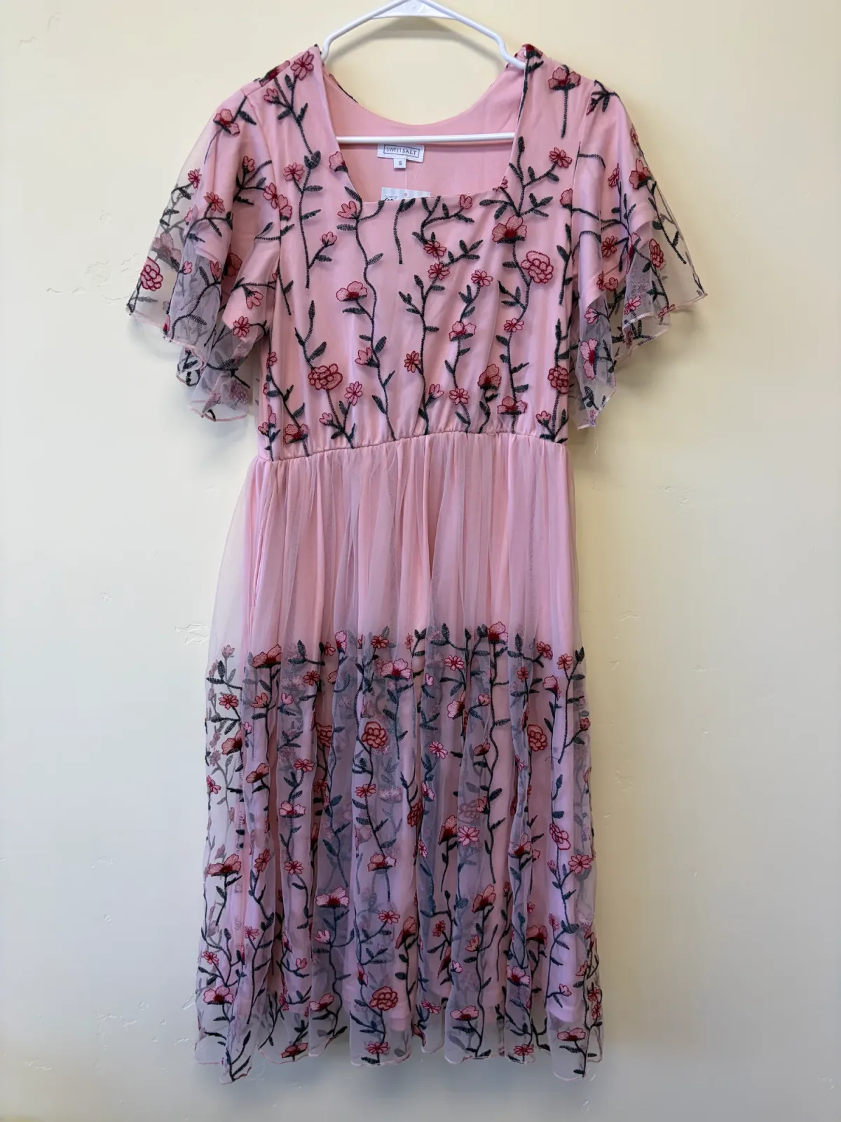 Sweet Salt Embroidered Floral Mesh Midi Dress Pink Square Neck Flutter Sleeve - Women's Size S photo 2