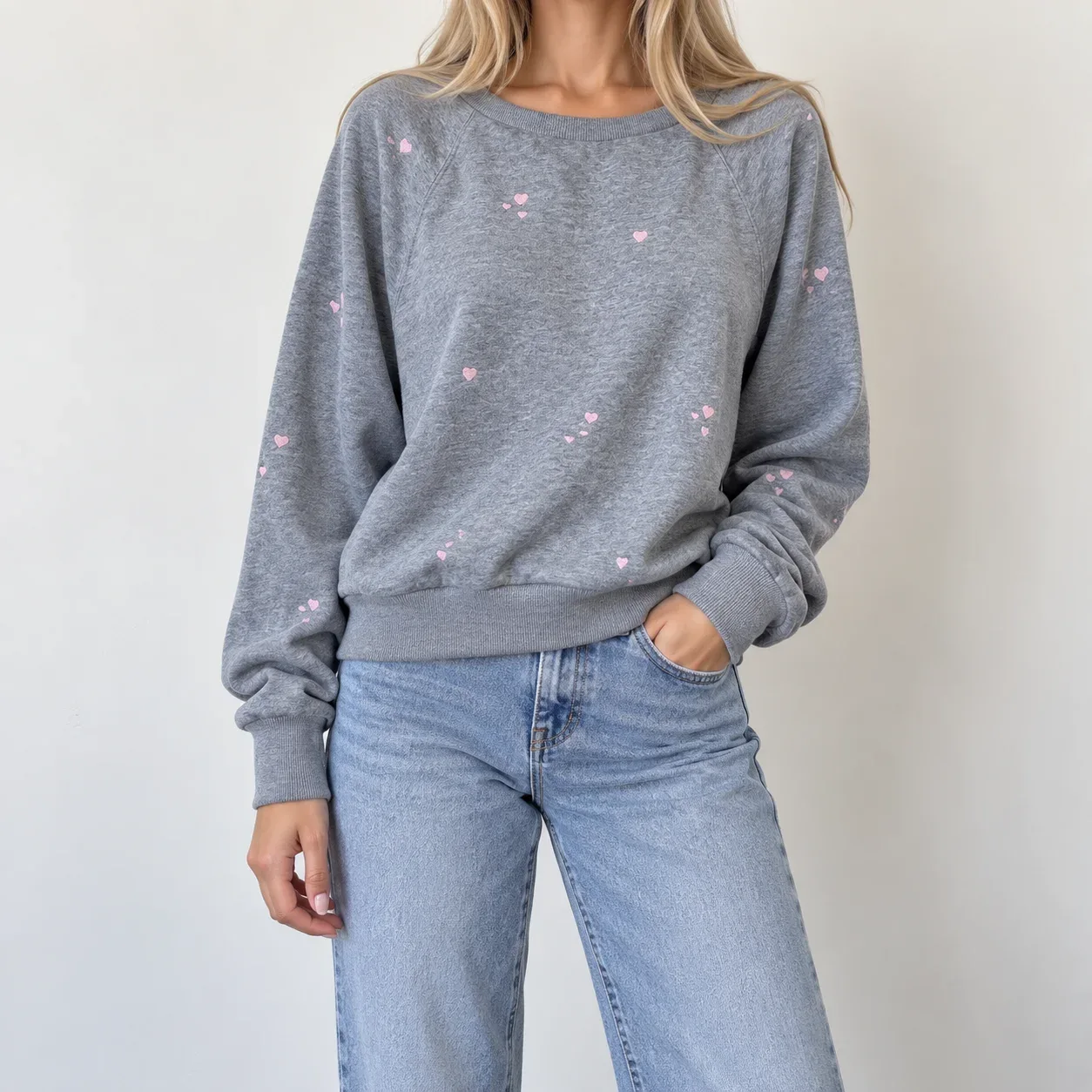 Honeydew Intimates Over The Moon Heather Grey Pink Embroidered Heart Sweatshirt